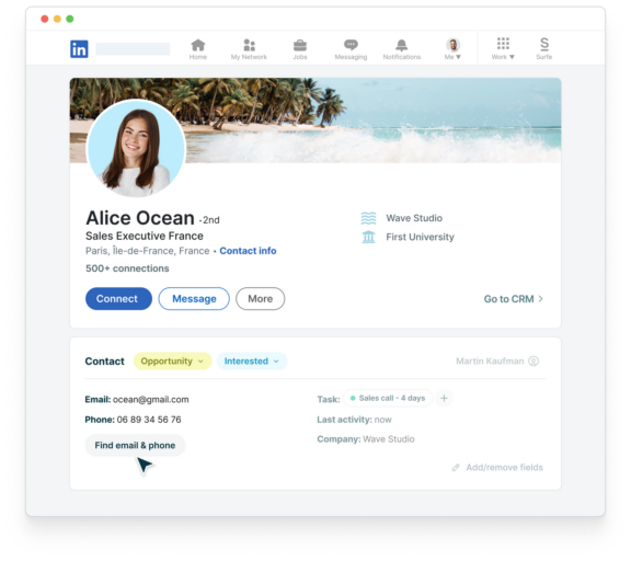 surfe's find email feature on linkedin