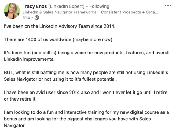 LinkedIn tips: Tracy LinkedIn example