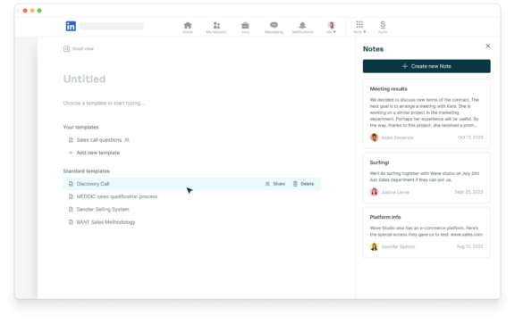 Surfe's template feature for taking sales notes on sales calls